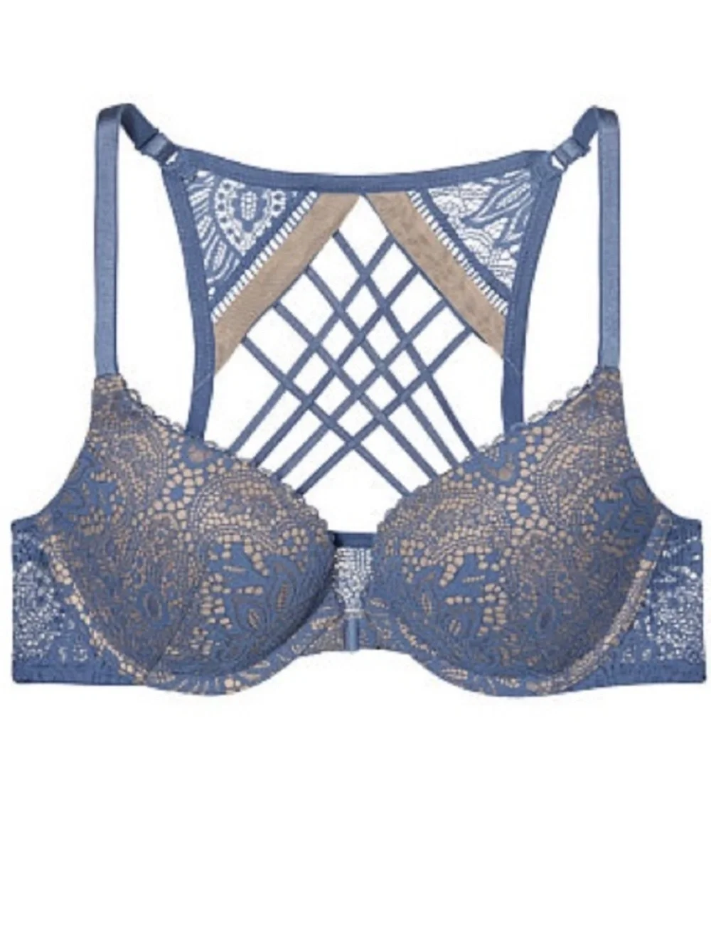 VICTORIA’S SECRET 34DD Very Sexy Push-Up Bra Front Close Strappy Back Blue Lace - Picture 3 of 17